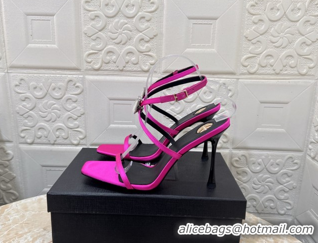 Pretty Style Saint Laurent Harlow Heeled Sandals 10.5cm in Satin with Strass and Stone Dark Pink 0424052