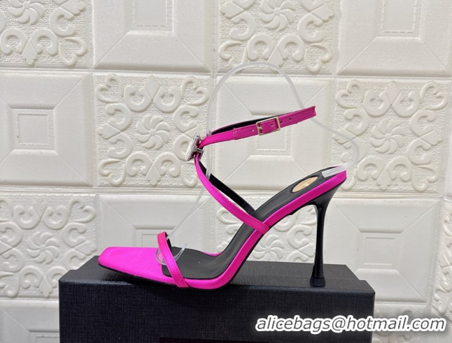 Pretty Style Saint Laurent Harlow Heeled Sandals 10.5cm in Satin with Strass and Stone Dark Pink 0424052