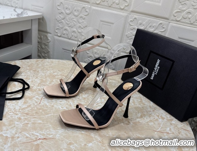 Top Grade Saint Laurent Harlow Heeled Sandals 10.5cm in Satin with Strass and Stone Nude 0424053