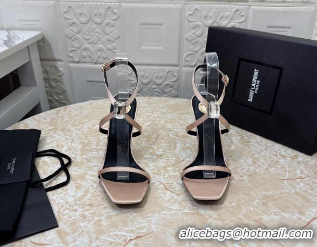 Top Grade Saint Laurent Harlow Heeled Sandals 10.5cm in Satin with Strass and Stone Nude 0424053