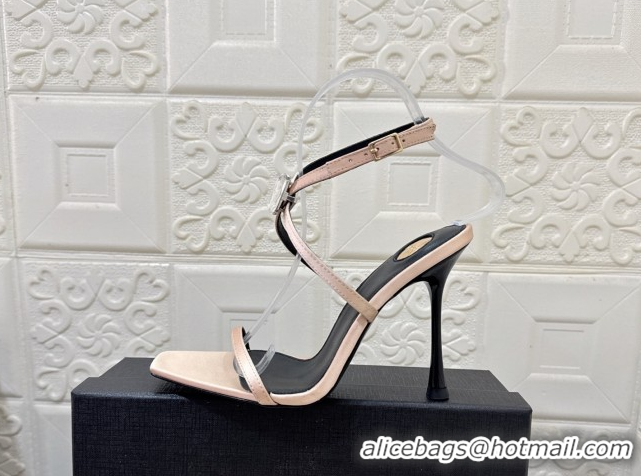 Top Grade Saint Laurent Harlow Heeled Sandals 10.5cm in Satin with Strass and Stone Nude 0424053
