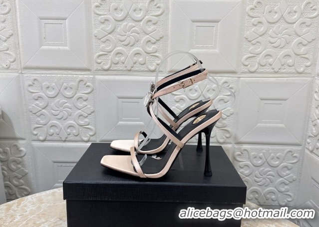Top Grade Saint Laurent Harlow Heeled Sandals 10.5cm in Satin with Strass and Stone Nude 0424053
