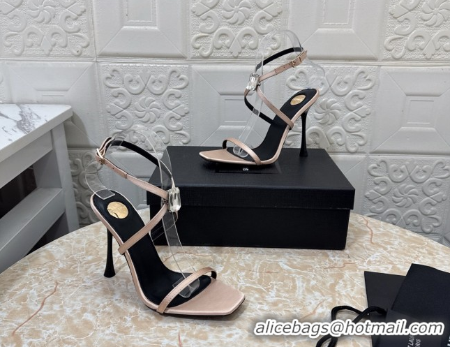 Top Grade Saint Laurent Harlow Heeled Sandals 10.5cm in Satin with Strass and Stone Nude 0424053