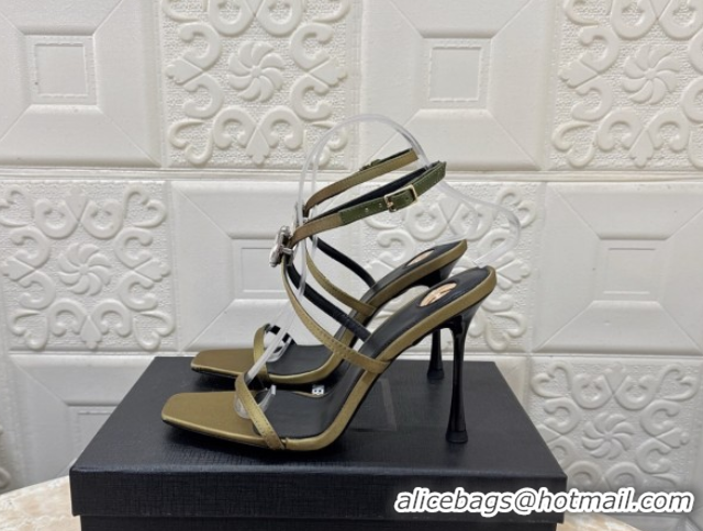 Best Price Saint Laurent Harlow Heeled Sandals 10.5cm in Satin with Strass and Stone Green 0424054
