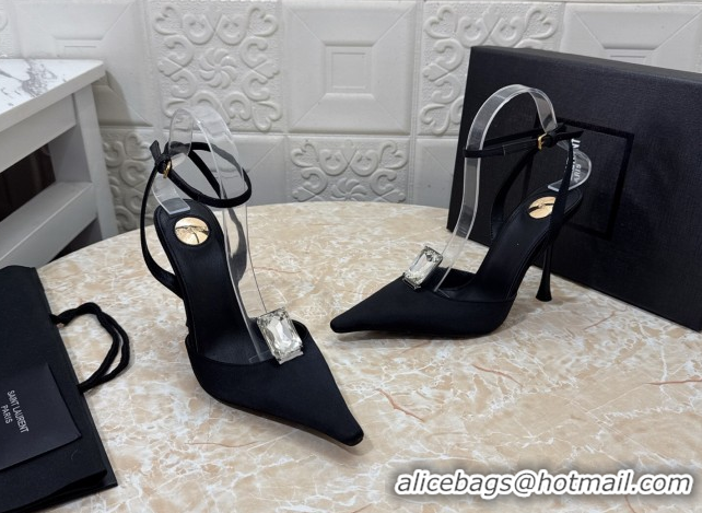 Grade Quality Saint Laurent Harlow Pumps 10.5cm in Satin with Strass and Stone Black 0424055