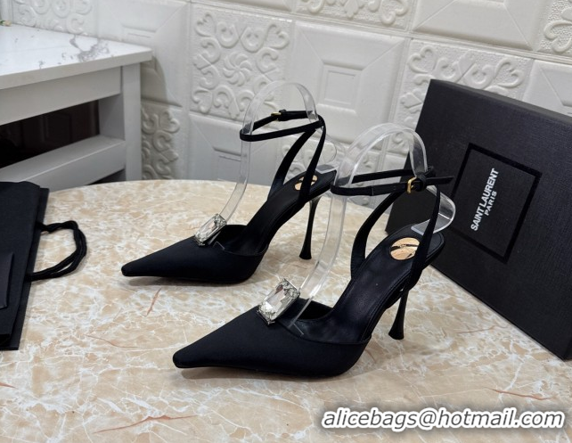 Grade Quality Saint Laurent Harlow Pumps 10.5cm in Satin with Strass and Stone Black 0424055