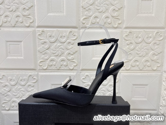 Grade Quality Saint Laurent Harlow Pumps 10.5cm in Satin with Strass and Stone Black 0424055