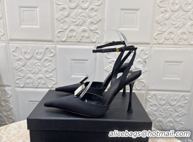 Grade Quality Saint Laurent Harlow Pumps 10.5cm in Satin with Strass and Stone Black 0424055