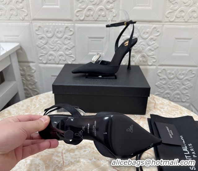 Grade Quality Saint Laurent Harlow Pumps 10.5cm in Satin with Strass and Stone Black 0424055