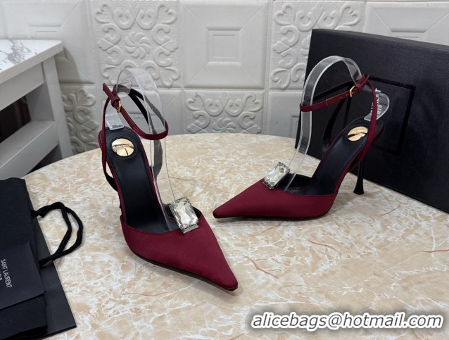 Charming Saint Laurent Harlow Pumps 10.5cm in Satin with Strass and Stone Burgundy 0424056