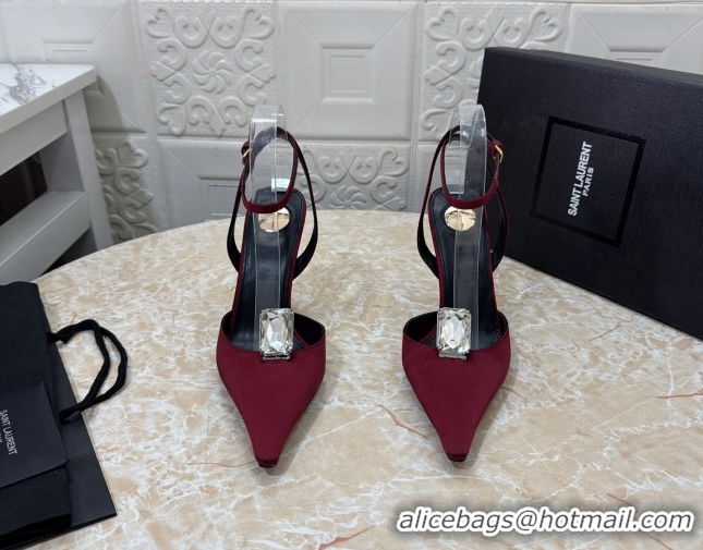 Charming Saint Laurent Harlow Pumps 10.5cm in Satin with Strass and Stone Burgundy 0424056
