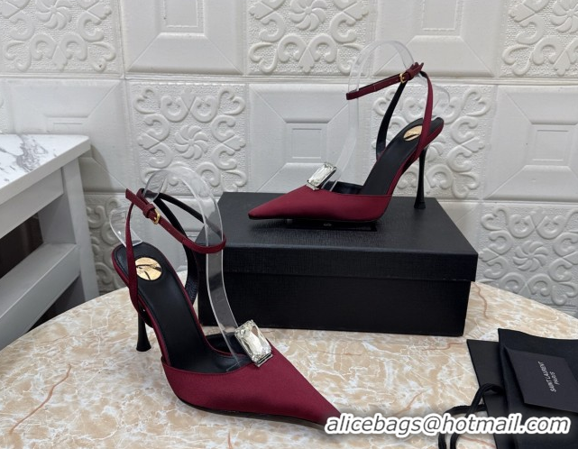 Charming Saint Laurent Harlow Pumps 10.5cm in Satin with Strass and Stone Burgundy 0424056