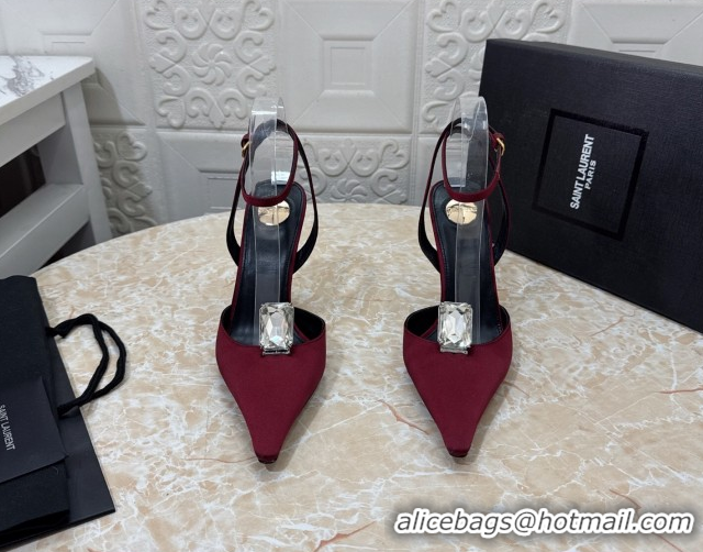 Popular Style Saint Laurent Harlow Pumps 10.5cm in Satin with Strass and Stone Burgundy 0424057
