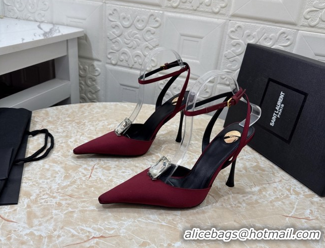 Popular Style Saint Laurent Harlow Pumps 10.5cm in Satin with Strass and Stone Burgundy 0424057