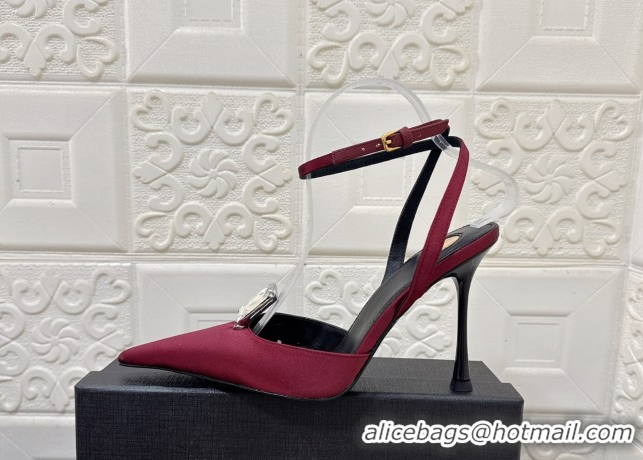 Popular Style Saint Laurent Harlow Pumps 10.5cm in Satin with Strass and Stone Burgundy 0424057