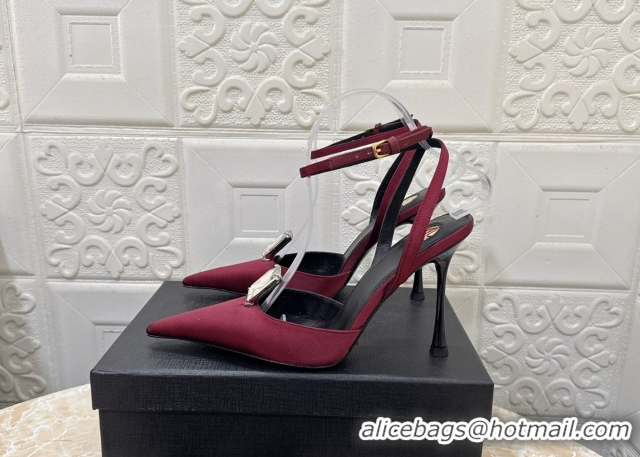 Popular Style Saint Laurent Harlow Pumps 10.5cm in Satin with Strass and Stone Burgundy 0424057