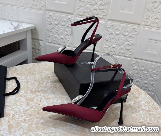 Popular Style Saint Laurent Harlow Pumps 10.5cm in Satin with Strass and Stone Burgundy 0424057