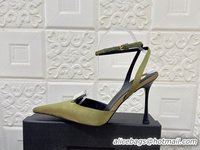 Good Quality Saint Laurent Harlow Pumps 10.5cm in Satin with Strass and Stone Green 0424058