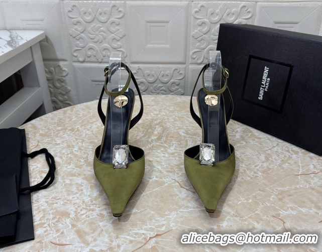 Good Quality Saint Laurent Harlow Pumps 10.5cm in Satin with Strass and Stone Green 0424058