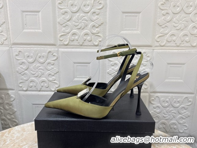Good Quality Saint Laurent Harlow Pumps 10.5cm in Satin with Strass and Stone Green 0424058