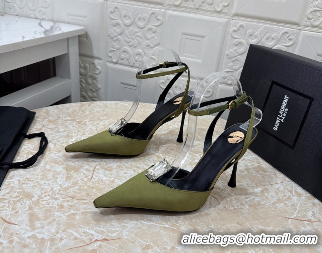 Good Quality Saint Laurent Harlow Pumps 10.5cm in Satin with Strass and Stone Green 0424058
