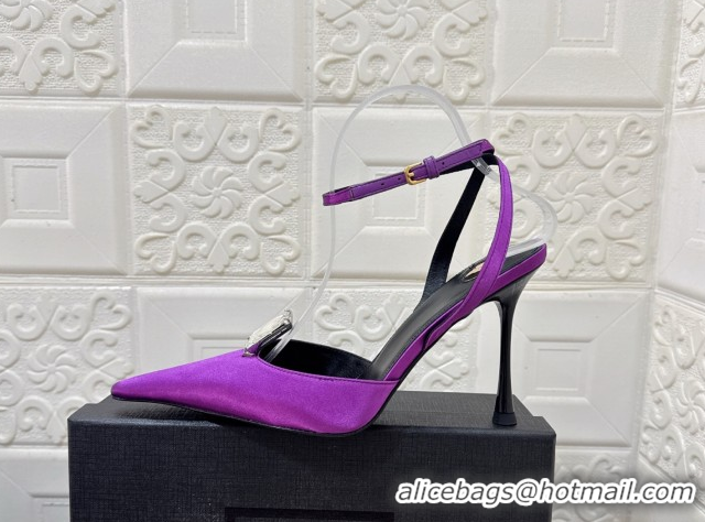 Top Design Saint Laurent Harlow Pumps 10.5cm in Satin with Strass and Stone Purple 0424059