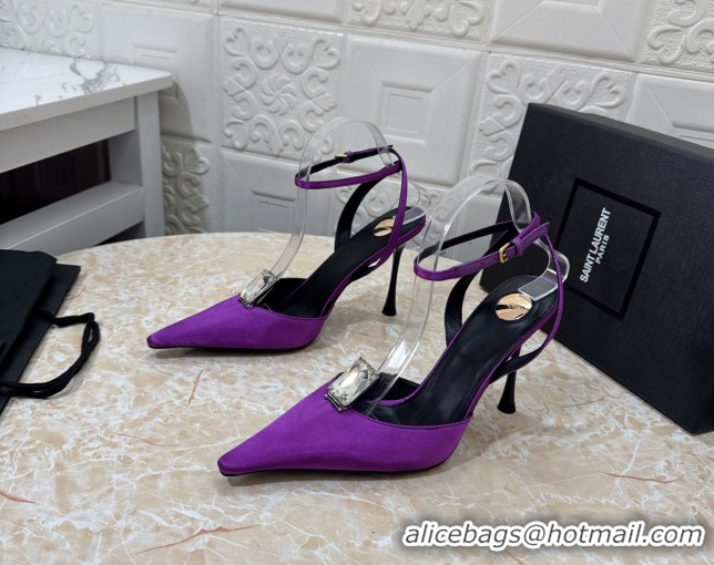 Top Design Saint Laurent Harlow Pumps 10.5cm in Satin with Strass and Stone Purple 0424059