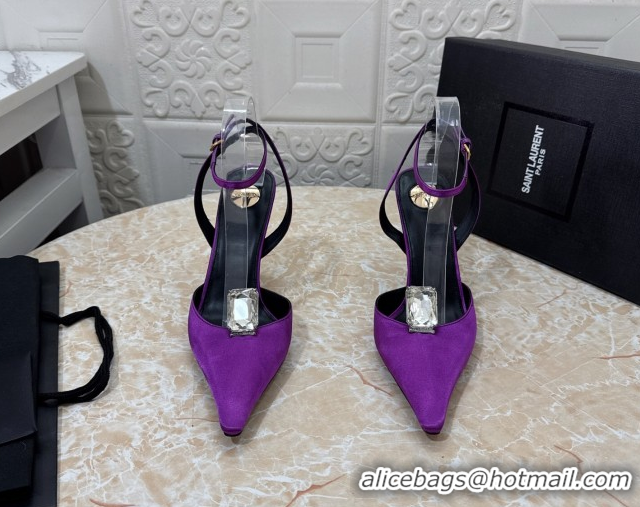 Top Design Saint Laurent Harlow Pumps 10.5cm in Satin with Strass and Stone Purple 0424059