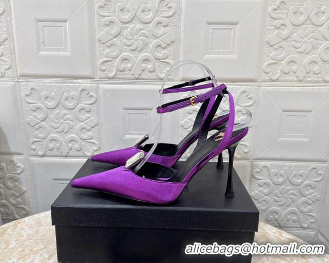 Top Design Saint Laurent Harlow Pumps 10.5cm in Satin with Strass and Stone Purple 0424059