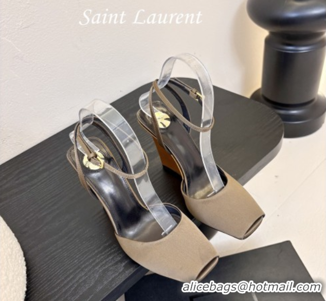 Cheap Price Saint Laurent La Scandale Open Toe Wedge Sandals 11cm in Satin Green/Gold 0424060