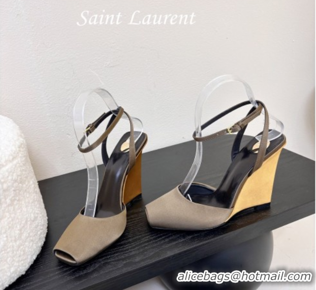 Cheap Price Saint Laurent La Scandale Open Toe Wedge Sandals 11cm in Satin Green/Gold 0424060