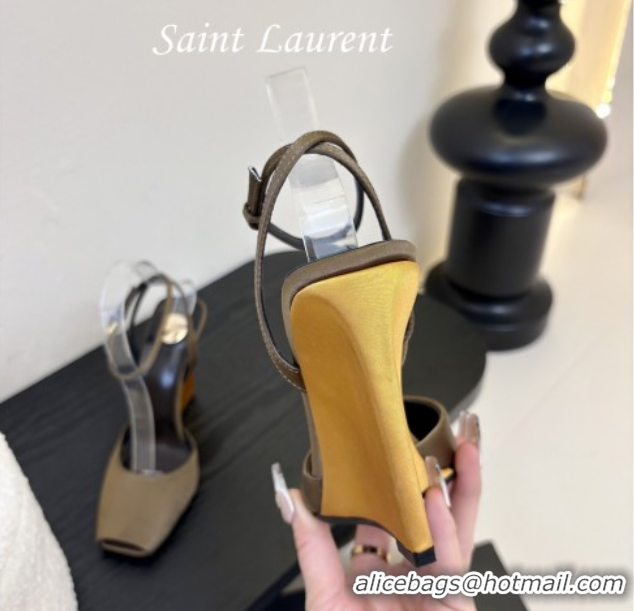 Cheap Price Saint Laurent La Scandale Open Toe Wedge Sandals 11cm in Satin Green/Gold 0424060