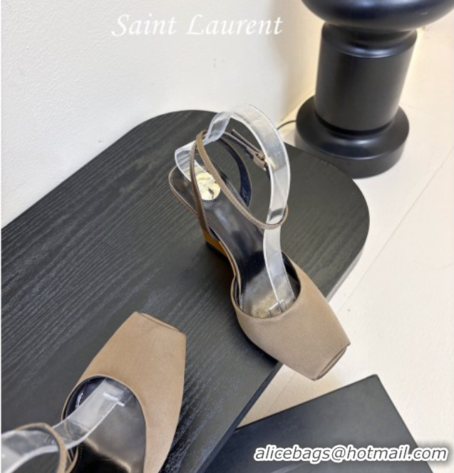 Cheap Price Saint Laurent La Scandale Open Toe Wedge Sandals 11cm in Satin Green/Gold 0424060