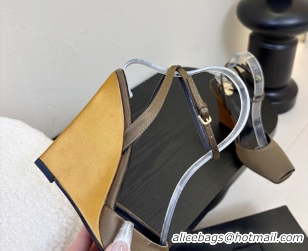 Cheap Price Saint Laurent La Scandale Open Toe Wedge Sandals 11cm in Satin Green/Gold 0424060