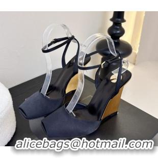 Unique Style Saint Laurent La Scandale Open Toe Wedge Sandals 11cm in Satin Black/Gold 0424061