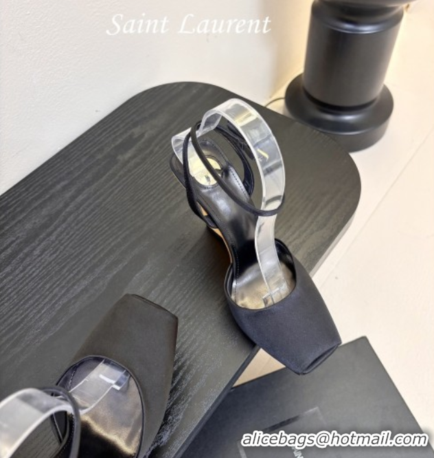 Unique Style Saint Laurent La Scandale Open Toe Wedge Sandals 11cm in Satin Black/Gold 0424061