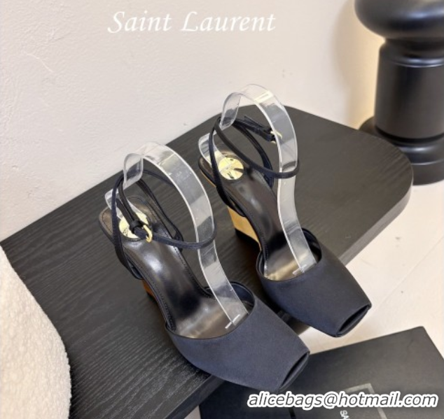 Unique Style Saint Laurent La Scandale Open Toe Wedge Sandals 11cm in Satin Black/Gold 0424061