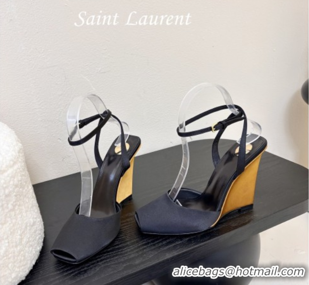 Unique Style Saint Laurent La Scandale Open Toe Wedge Sandals 11cm in Satin Black/Gold 0424061