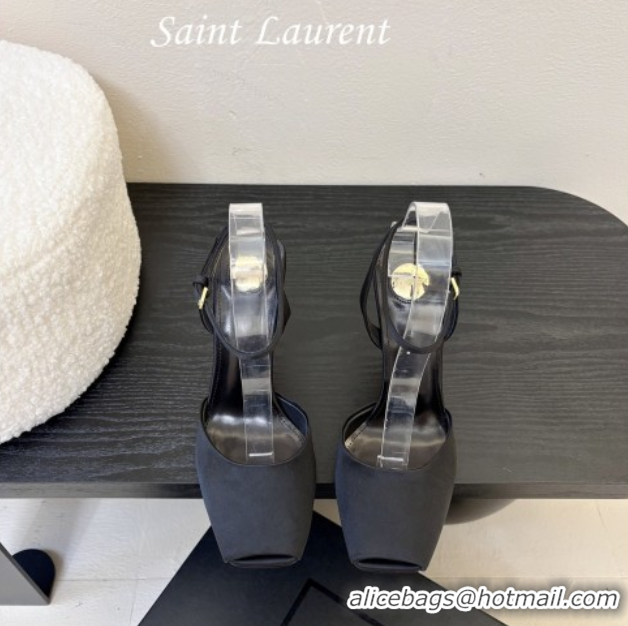 Unique Style Saint Laurent La Scandale Open Toe Wedge Sandals 11cm in Satin Black/Gold 0424061