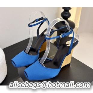 Good Looking Saint Laurent La Scandale Open Toe Wedge Sandals 11cm in Satin Blue/Gold 0424062