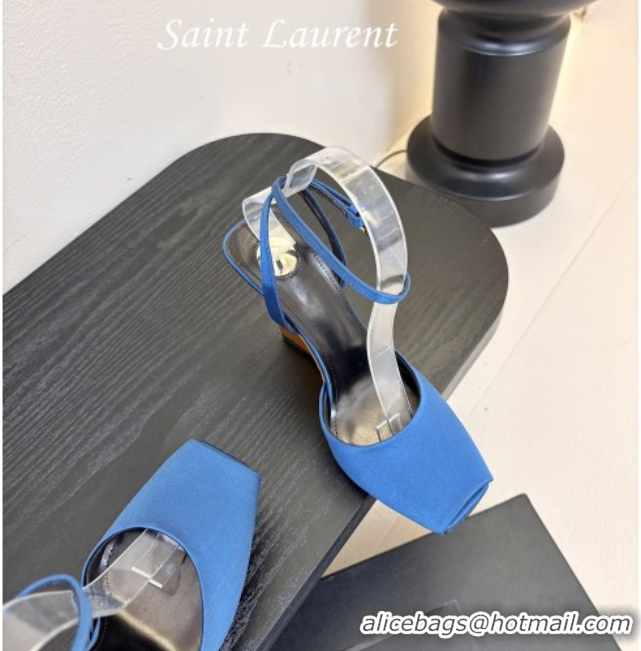Good Looking Saint Laurent La Scandale Open Toe Wedge Sandals 11cm in Satin Blue/Gold 0424062