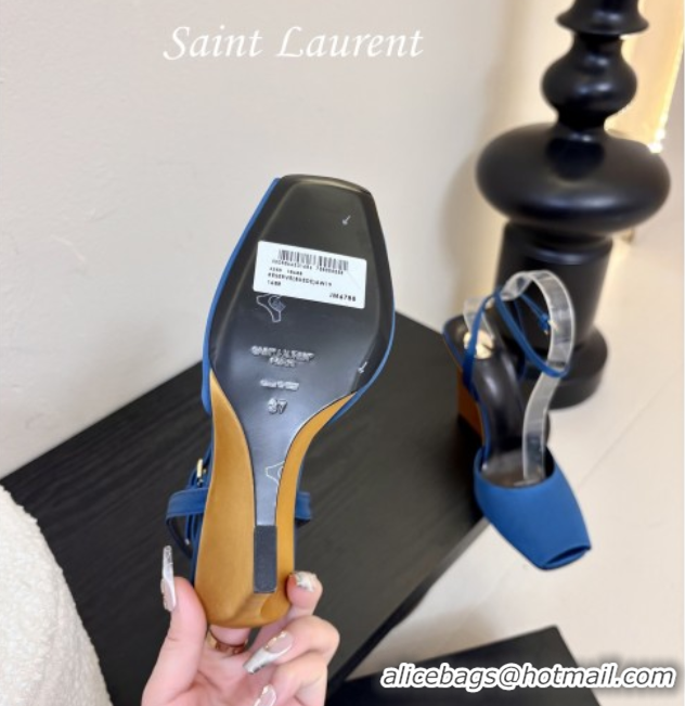 Good Looking Saint Laurent La Scandale Open Toe Wedge Sandals 11cm in Satin Blue/Gold 0424062