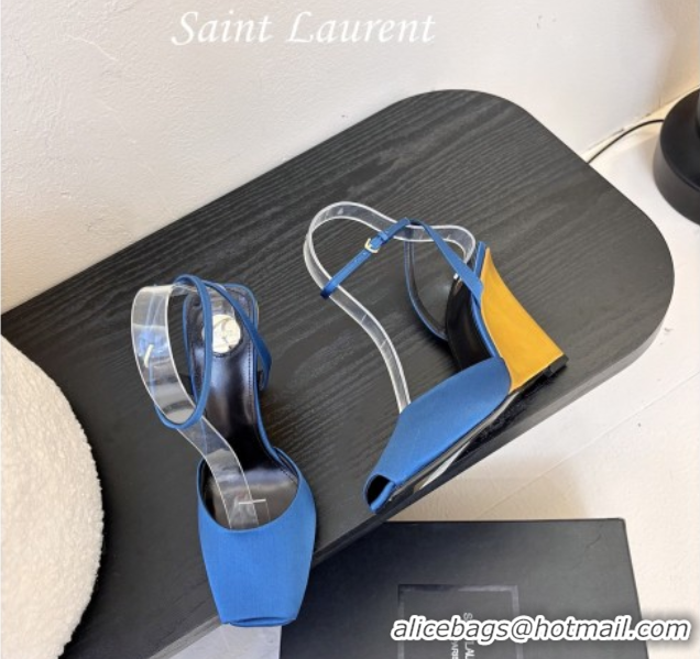 Good Looking Saint Laurent La Scandale Open Toe Wedge Sandals 11cm in Satin Blue/Gold 0424062