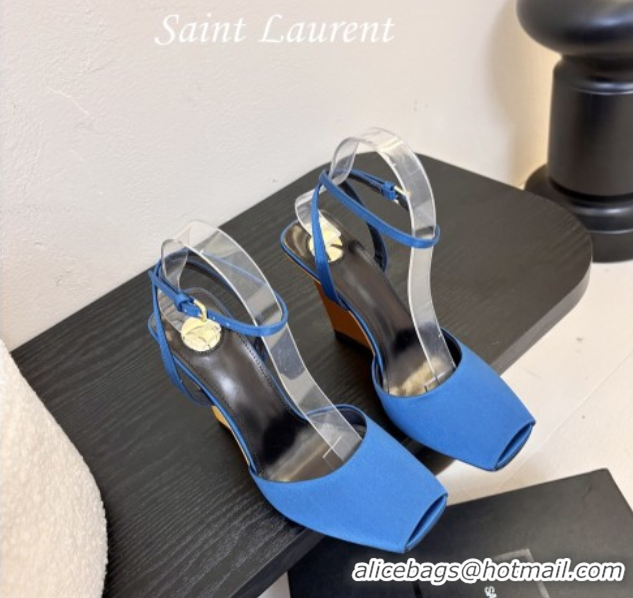 Good Looking Saint Laurent La Scandale Open Toe Wedge Sandals 11cm in Satin Blue/Gold 0424062