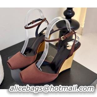Classic Hot Saint Laurent La Scandale Open Toe Wedge Sandals 11cm in Satin Brown/Gold 0424063