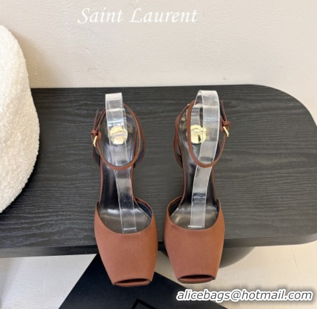 Classic Hot Saint Laurent La Scandale Open Toe Wedge Sandals 11cm in Satin Brown/Gold 0424063