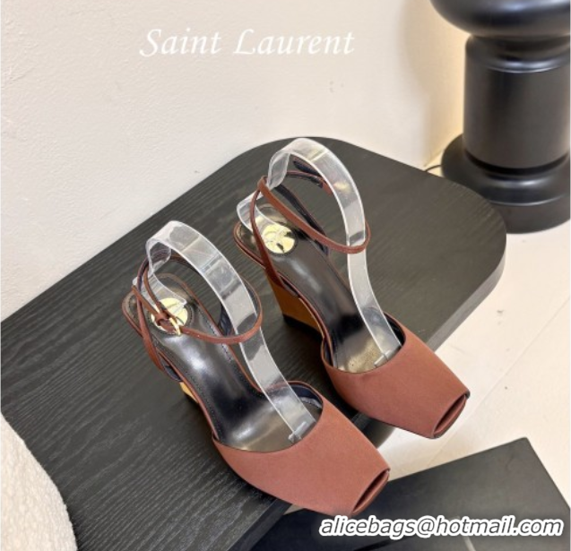 Classic Hot Saint Laurent La Scandale Open Toe Wedge Sandals 11cm in Satin Brown/Gold 0424063