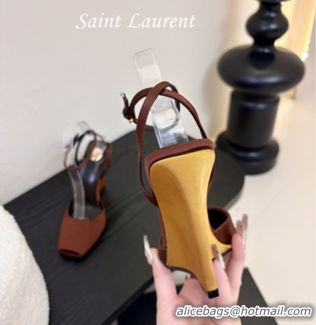 Classic Hot Saint Laurent La Scandale Open Toe Wedge Sandals 11cm in Satin Brown/Gold 0424063