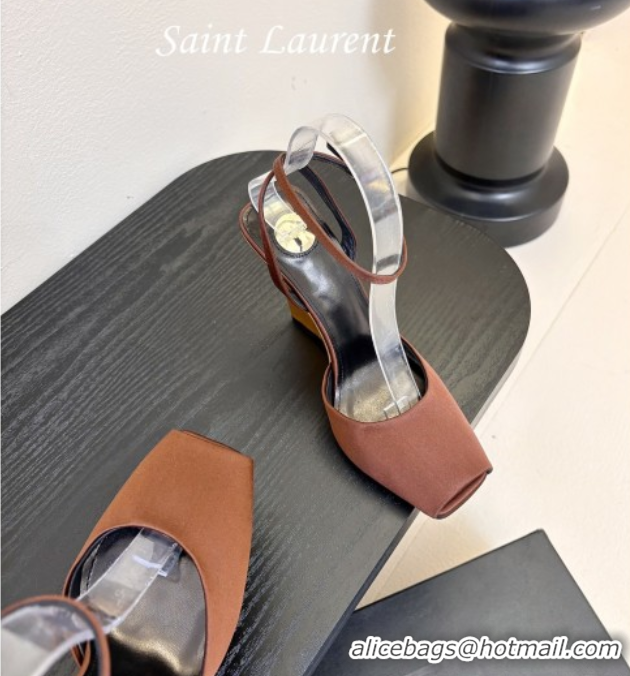 Classic Hot Saint Laurent La Scandale Open Toe Wedge Sandals 11cm in Satin Brown/Gold 0424063
