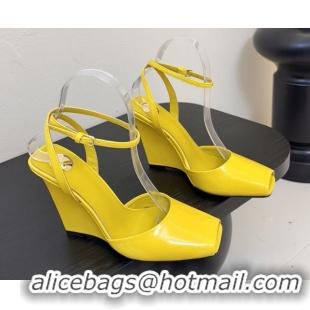 Top Grade Saint Laurent La Scandale Open Toe Wedge Sandals 11cm in Patent Leather All Yellow 0424064